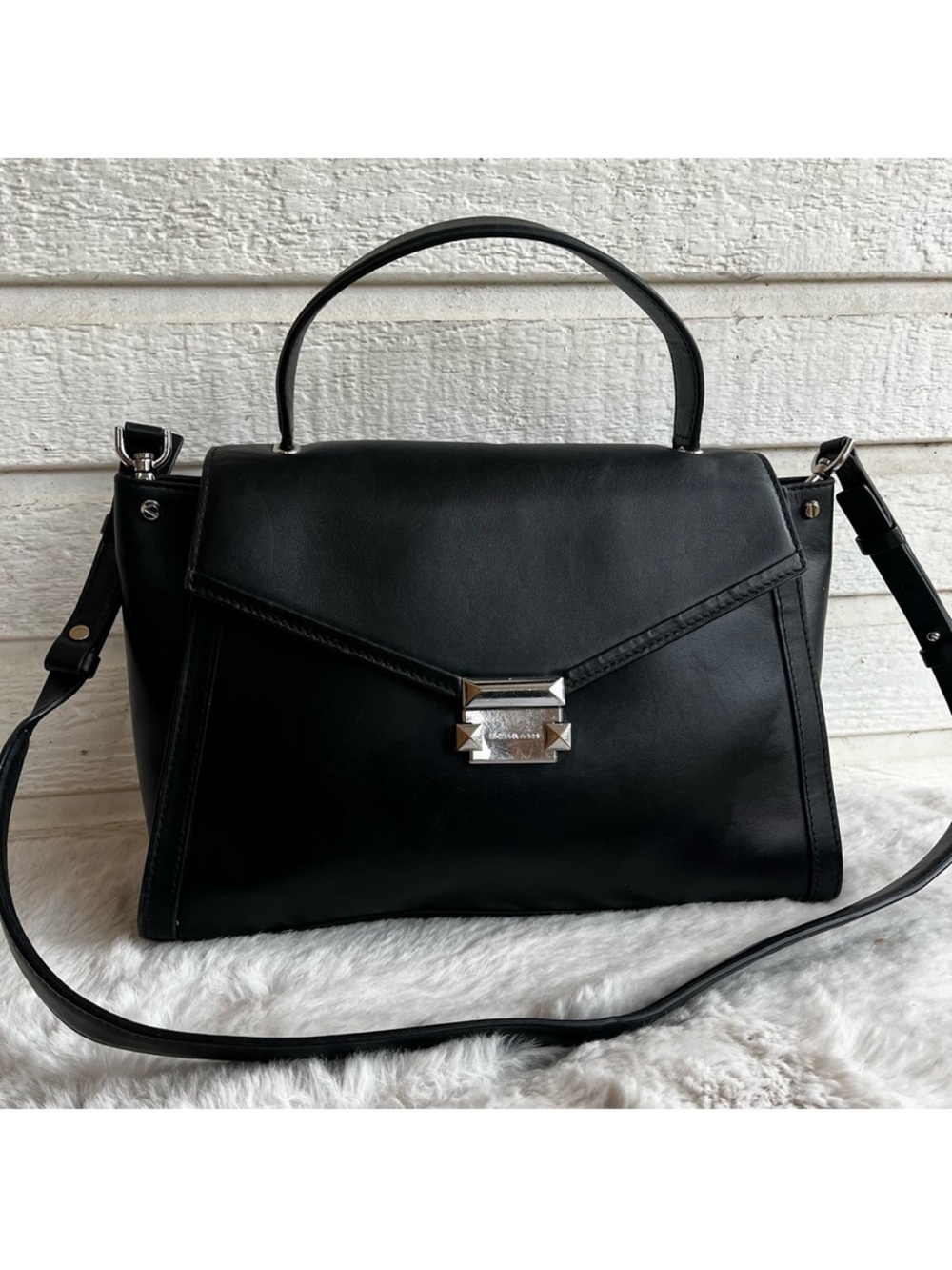 MICHAEL KORS Black Leather Whitney Mercer Bedford Astor Satchel Tote Handbag